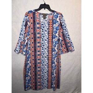 Alexandra + Oak Women XXL Blue Orange Floral Geometric Bell Sleeve Shift Dress